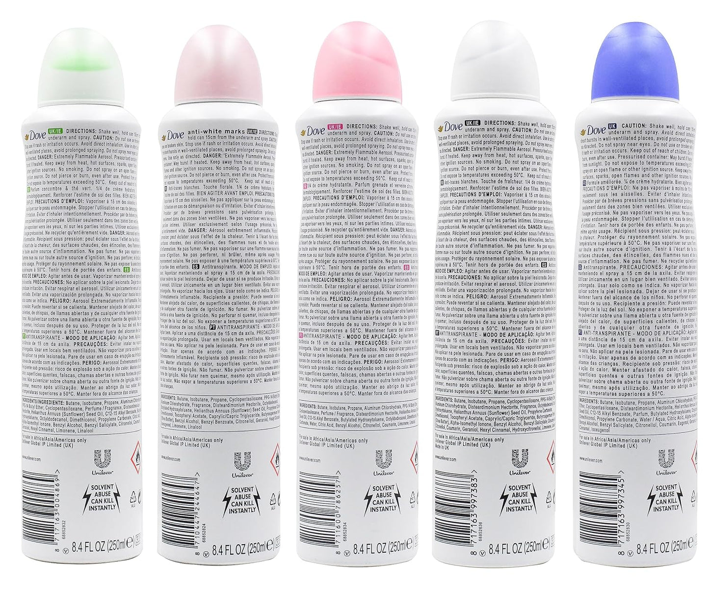 Dove Antiperspirant Deodorant Spray, International Version, 250 ml (Pack of 5)