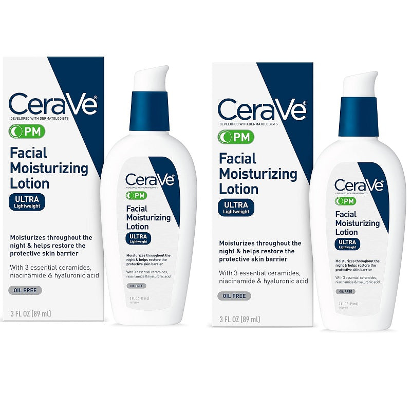 2 Pack CeraVe PM Facial Moisturizing Lotion, Night Cream with Hyaluronic Acid and Niacinamide
