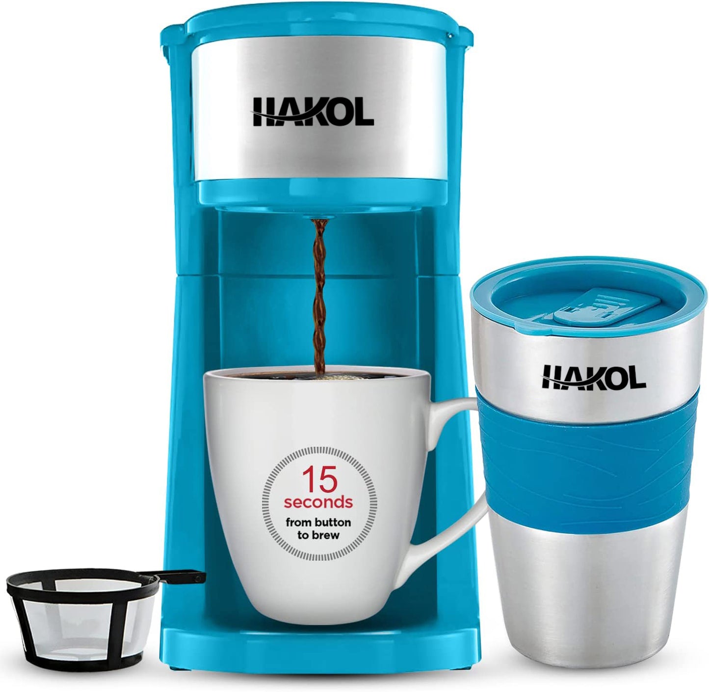 Assorted Hakol Mini Travel Single Serve Coffee Maker & 15 oz. Travel Mug Coffee Tumble