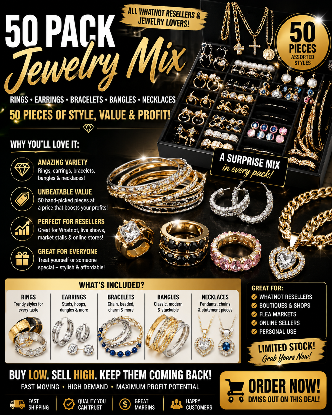 β¨π 50-Piece Gold-Plated Jewelry Mix β Perfect for Whatnot Resellers & Jewelry Lovers! πβ¨