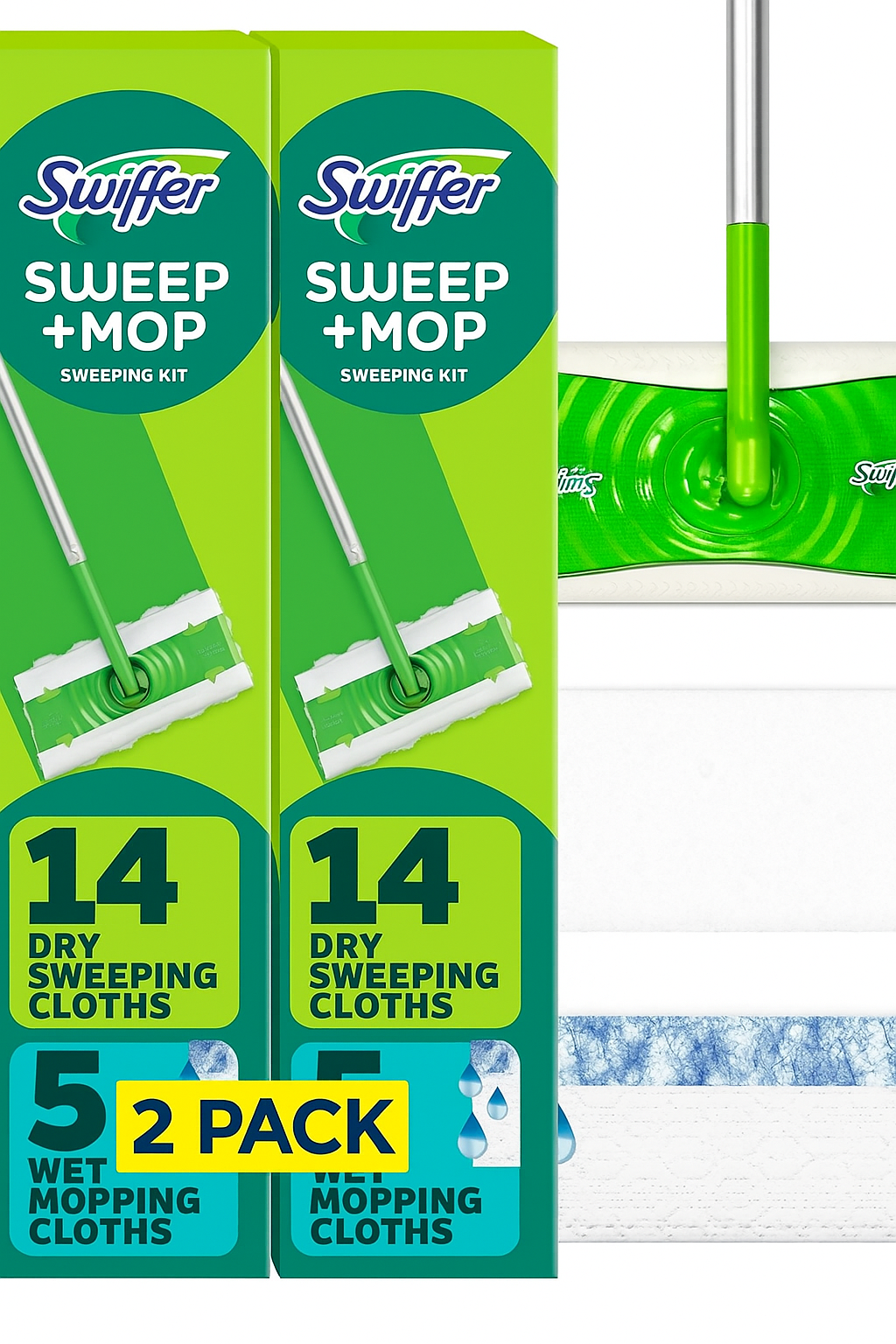 2 Pack Swiffer Sweeper 2-in-1 Mops for Floor Cleaning, Dry and Wet Multi Surface Floor Cleaner, Sweeping and Mopping Starter Kit,Each kit Includes 1 Mop + 19 Refills, 20 Piece Set