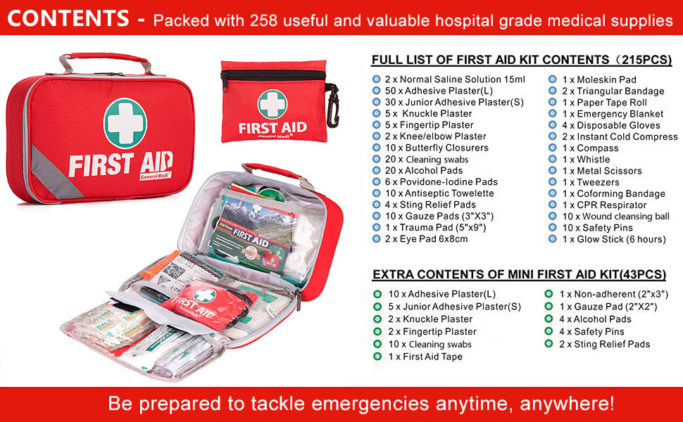 258 Piece First Aid Kit -Includes Eyewash, Ice(Cold) Pack, Moleskin Pad and Emergency Blanket for Travel, Home, Office, Car, Camping