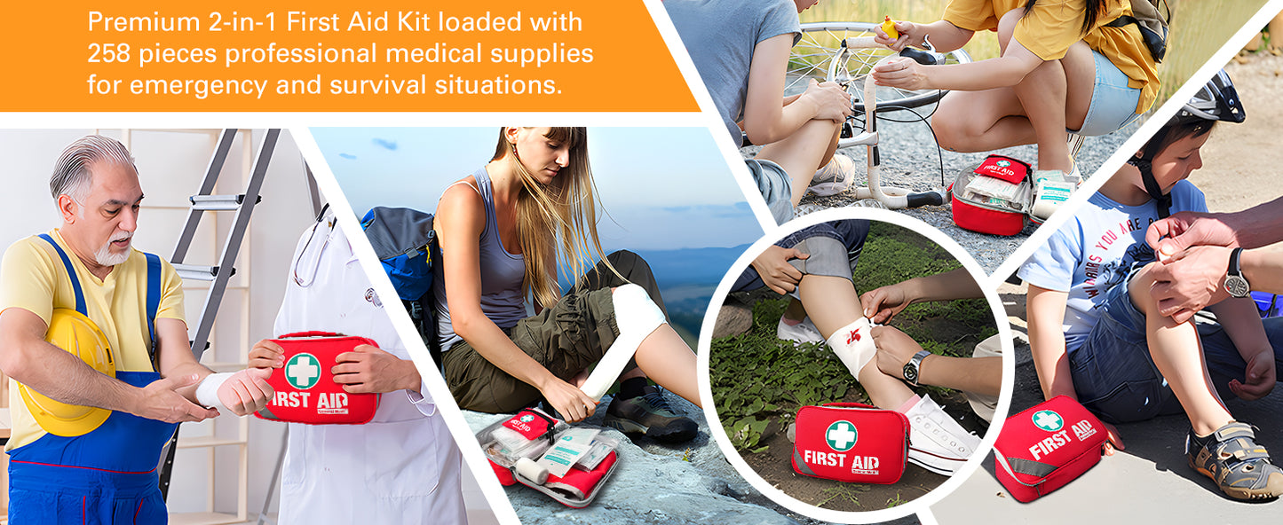 258 Piece First Aid Kit -Includes Eyewash, Ice(Cold) Pack, Moleskin Pad and Emergency Blanket for Travel, Home, Office, Car, Camping