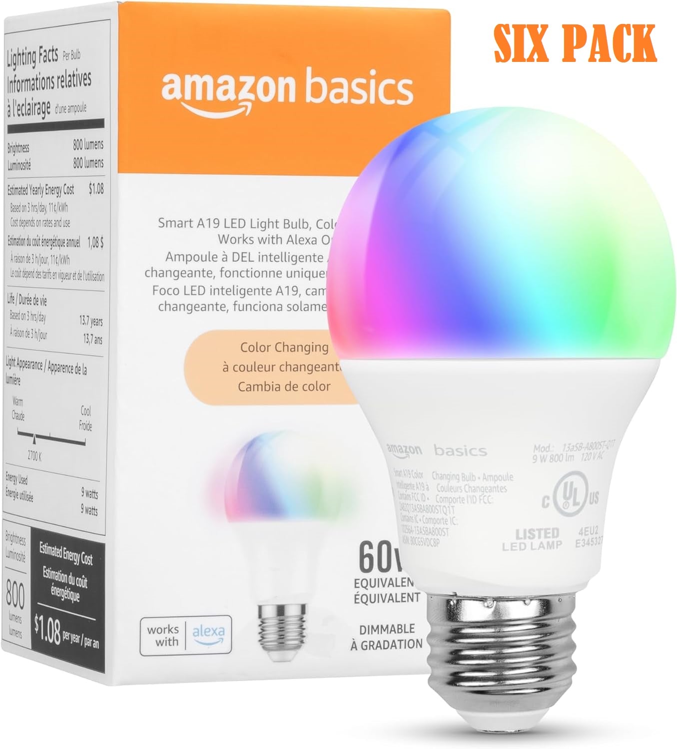 Amazon Basics Smart A19 LED Light Bulb, Color Changing, 9W (60W Equivalent), 800LM, Works with Alexa Only, 2.4 GHz Wi-Fi, No Hub Required