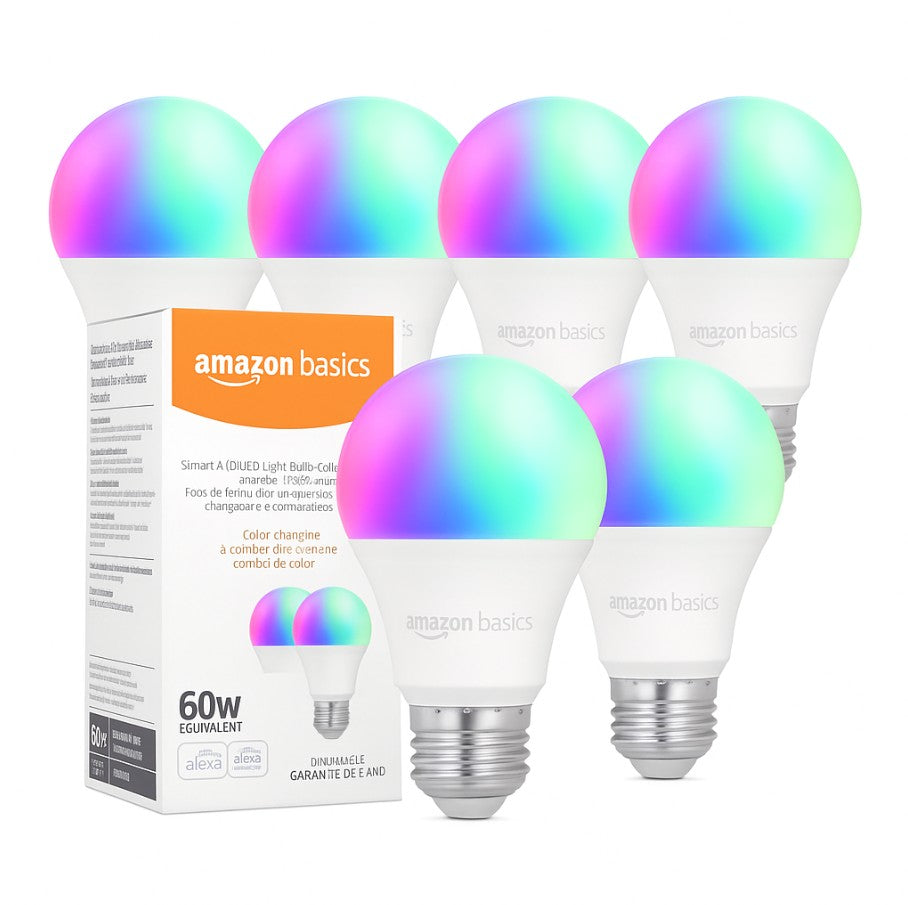 Amazon Basics Smart A19 LED Light Bulb, Color Changing, 9W (60W Equivalent), 800LM, Works with Alexa Only, 2.4 GHz Wi-Fi, No Hub Required
