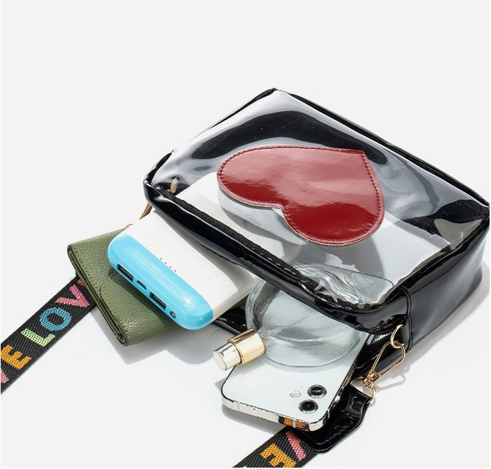 Clear PVC Jelly Bag – Fashionable Crossbody Messenger with Heart Patch for Women