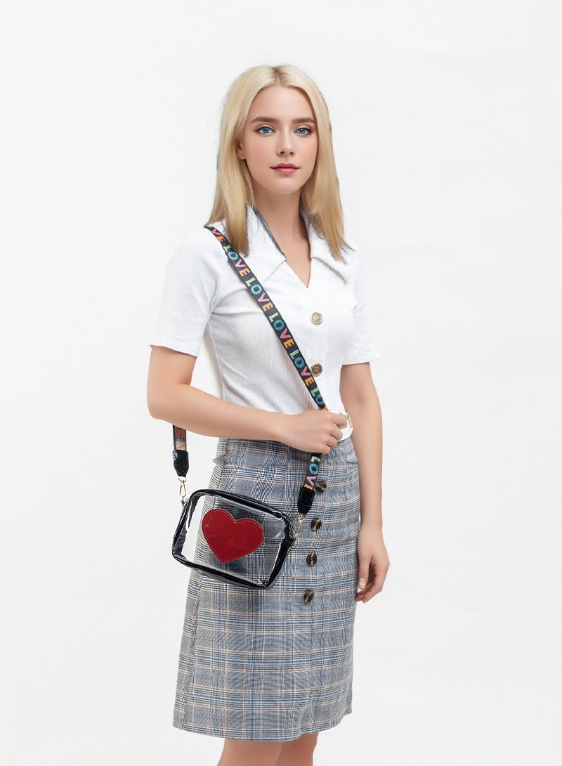 Clear PVC Jelly Bag – Fashionable Crossbody Messenger with Heart Patch for Women
