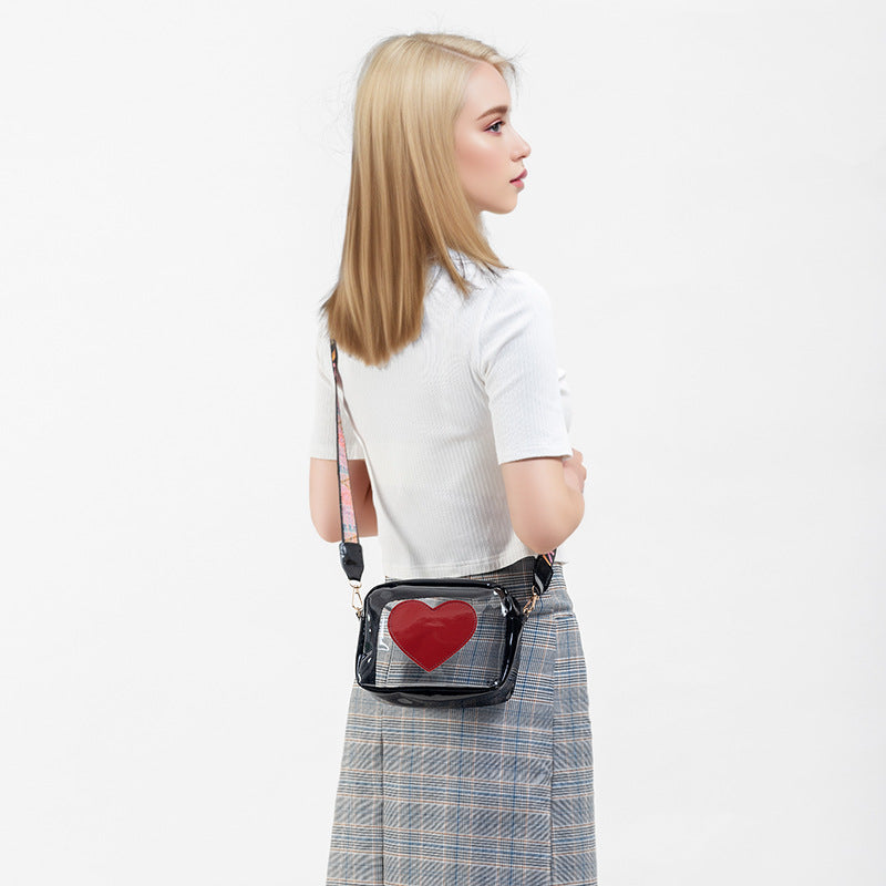 Clear PVC Jelly Bag – Fashionable Crossbody Messenger with Heart Patch for Women