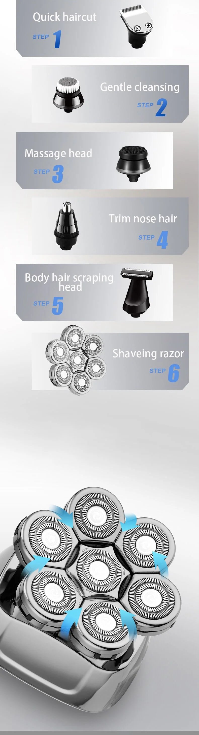 Waterproof 6 In 1 7D Men's Electric Shaver Razor With Wireless Charger