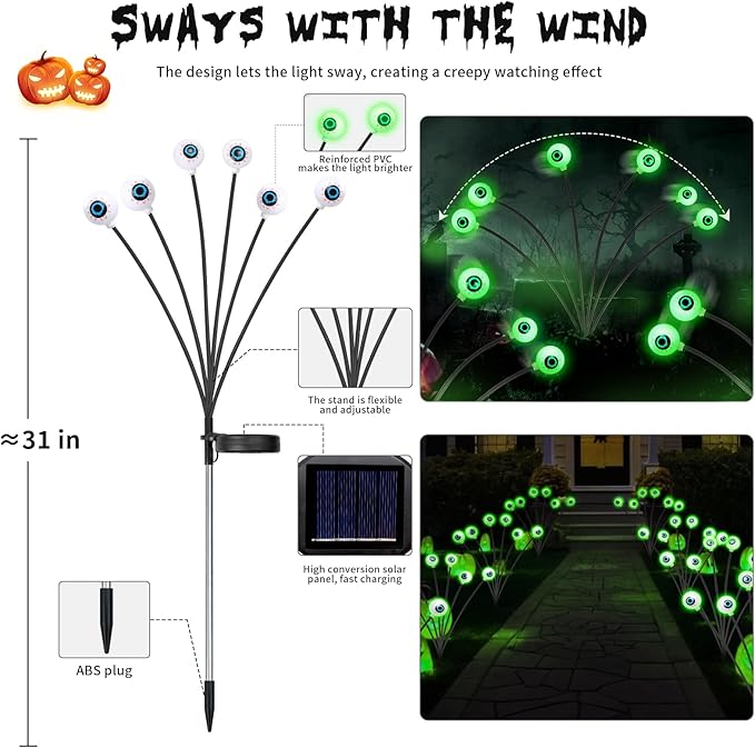 4 Pack Scary Eyeballs Solar Pathway Lights – Waterproof – Two Flashing Modes