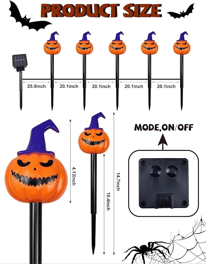 5 Pack Solar Pumpkin Pathway Lights for Halloween – With Purple Hats