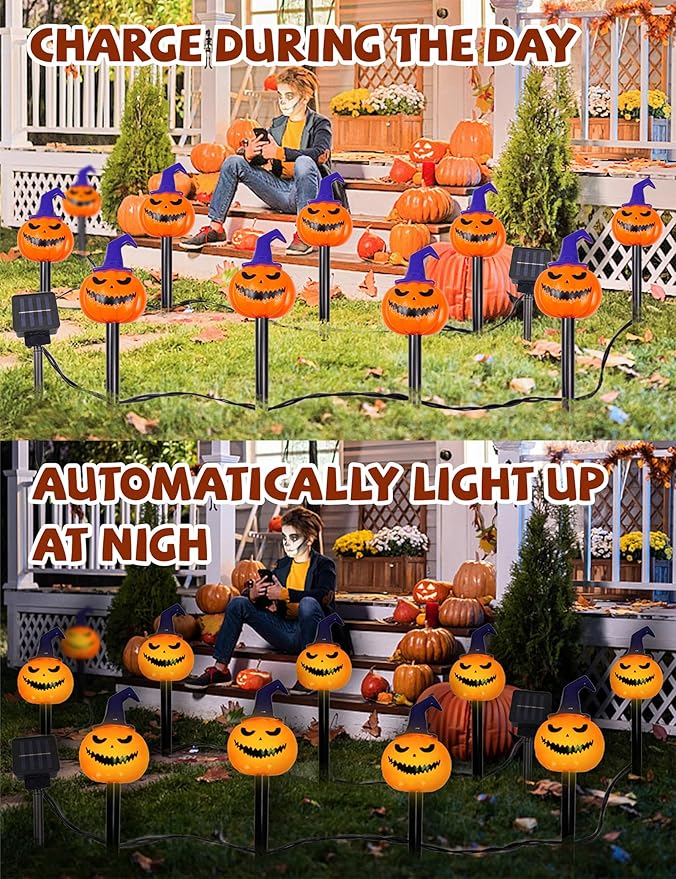 5 Pack Solar Pumpkin Pathway Lights for Halloween – With Purple Hats