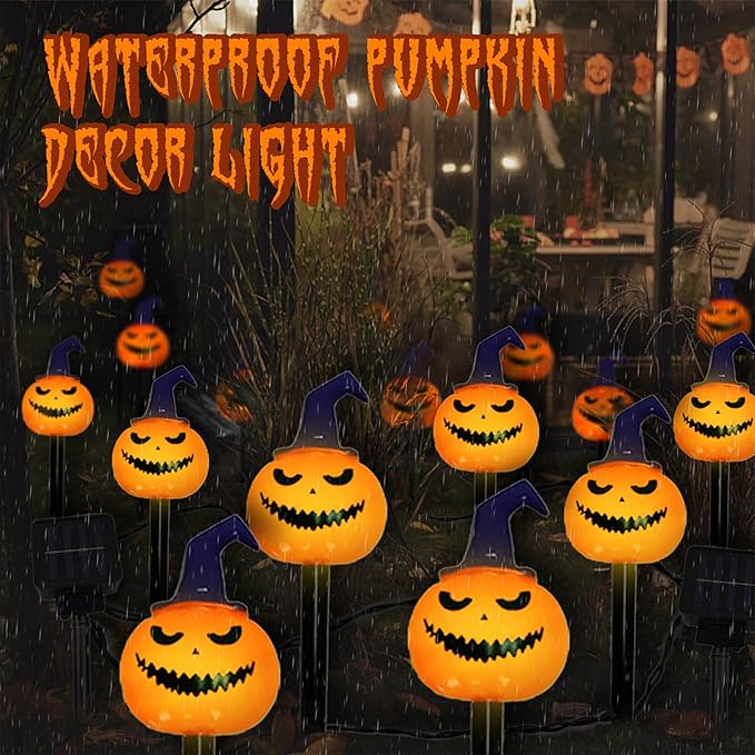 5 Pack Solar Pumpkin Pathway Lights for Halloween – With Purple Hats