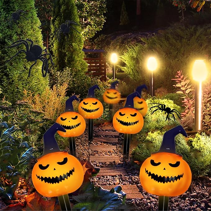 5 Pack Solar Pumpkin Pathway Lights for Halloween – With Purple Hats