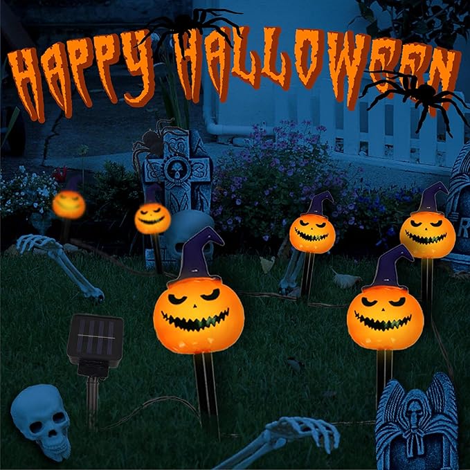 5 Pack Solar Pumpkin Pathway Lights for Halloween – With Purple Hats