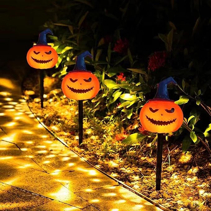 5 Pack Solar Pumpkin Pathway Lights for Halloween – With Purple Hats