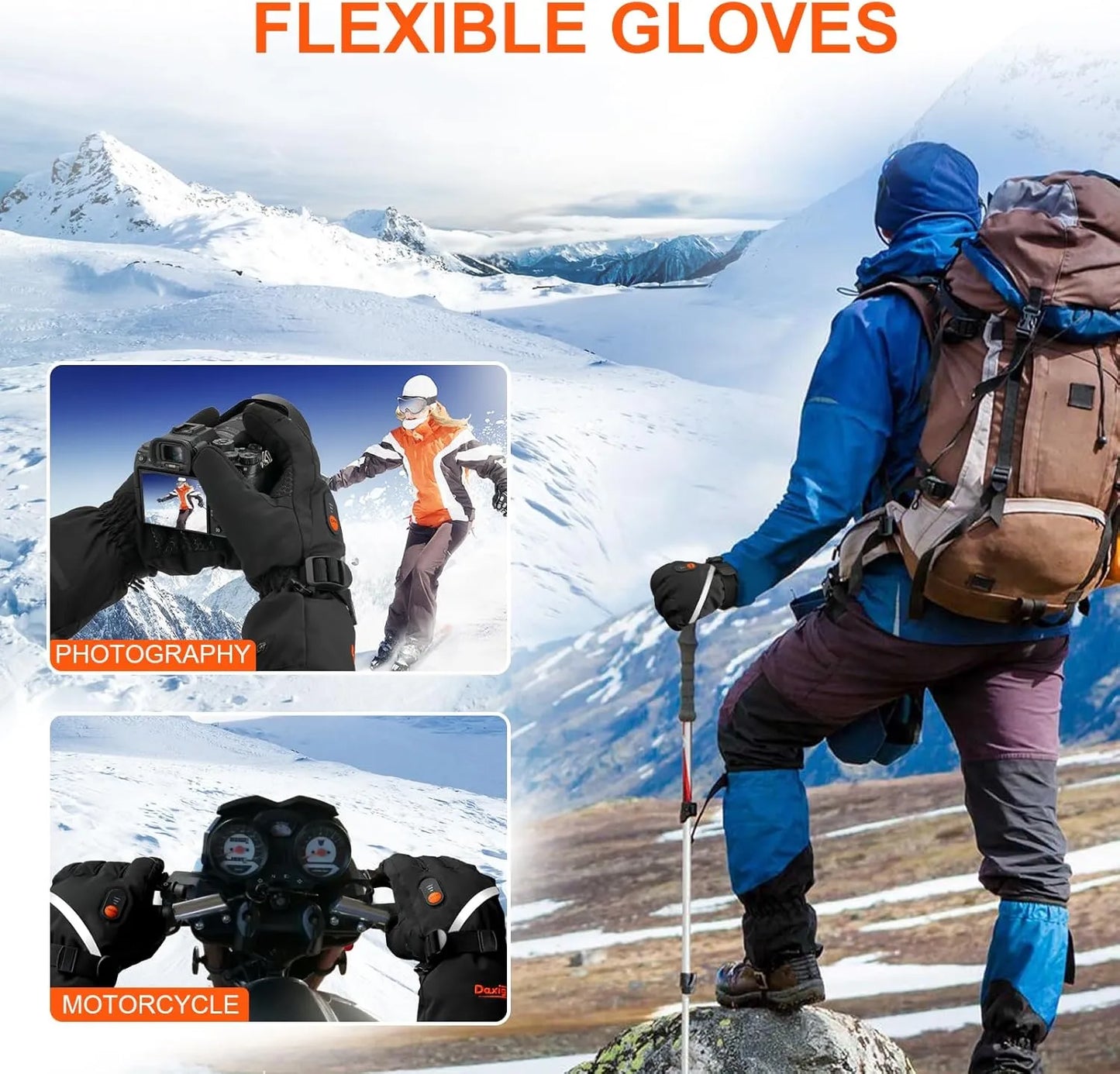 Heated Gloves – 5000mAh Rechargeable Batteries – Waterproof – Skiing Snowboarding Hiking Motorcycle – LARGE