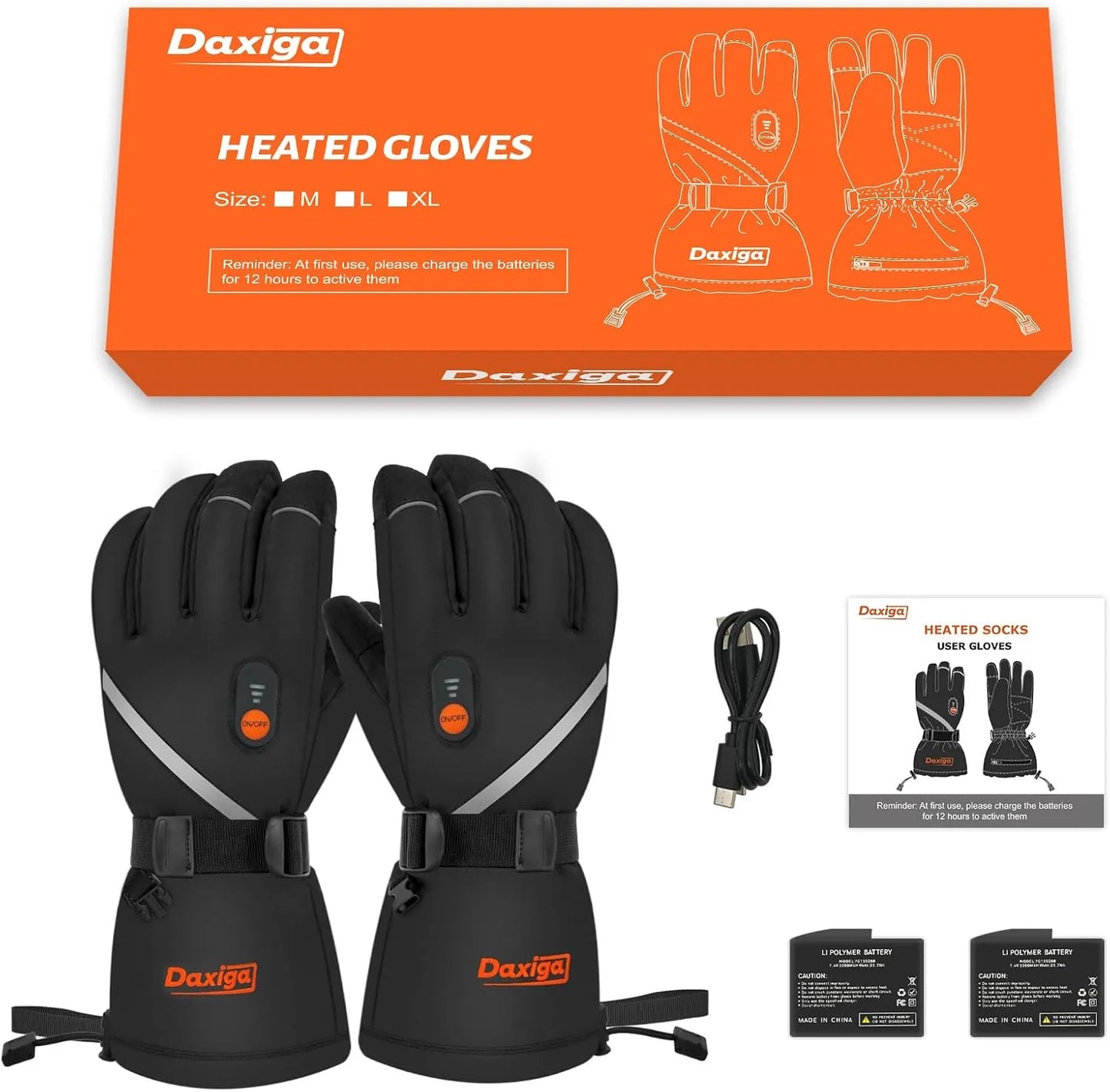 Heated Gloves – 5000mAh Rechargeable Batteries – Waterproof – Skiing Snowboarding Hiking Motorcycle – LARGE