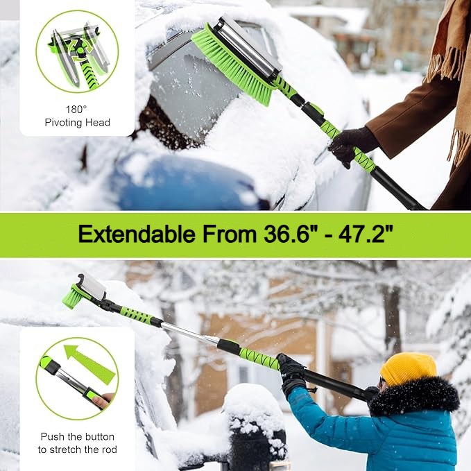 47.2" Ice Scrapers for Car Windshield, 3 in 1 Sturdy Snow Brush with Squeegee, 10 Adjustable Length Settings, Extendable Aluminum Handle, 180° Pivoting Snow Scraper for Car, Truck, SUV