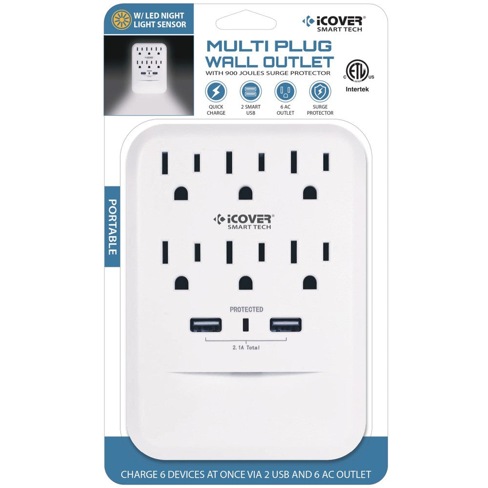iCover 6-Outlet Surge Protector with 2 USB Ports & LED Nightlight