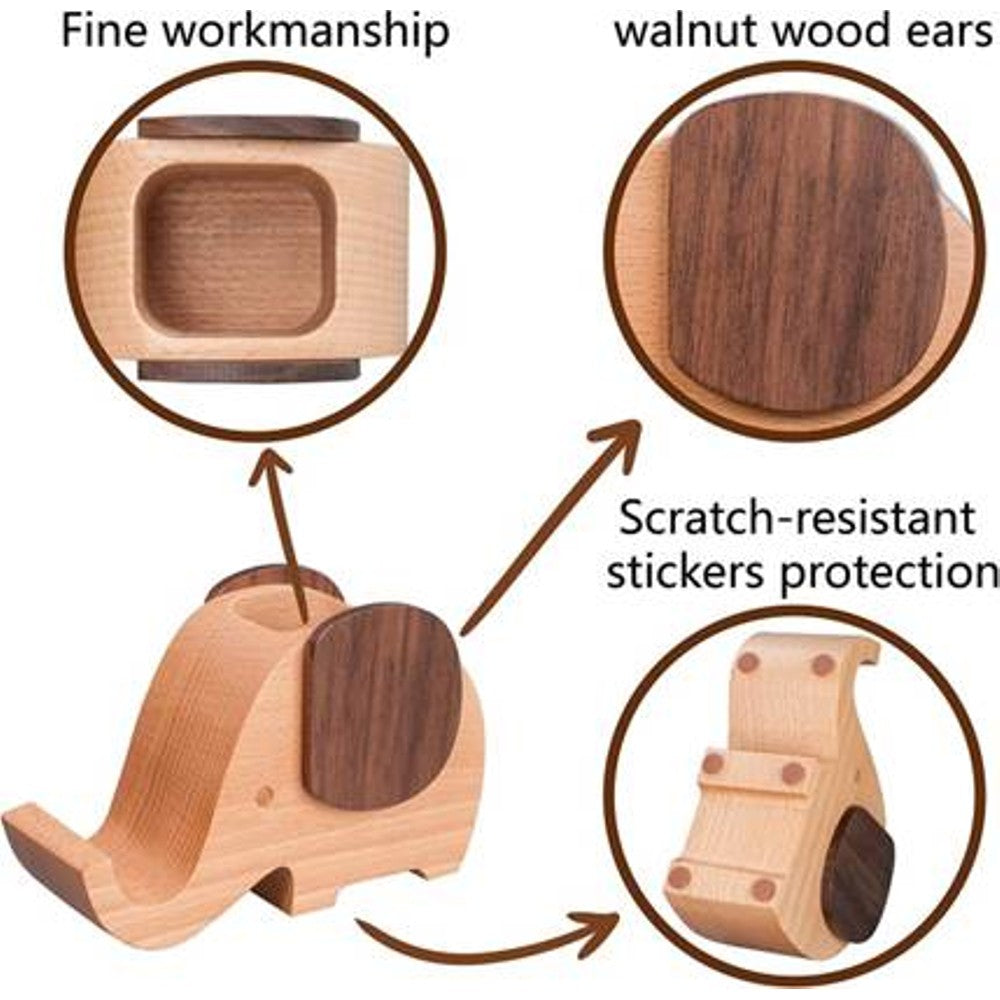 Wooden Elephant Phone Stand with Pen Holder