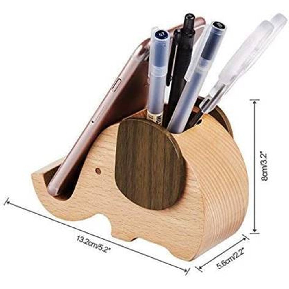 Wooden Elephant Phone Stand with Pen Holder
