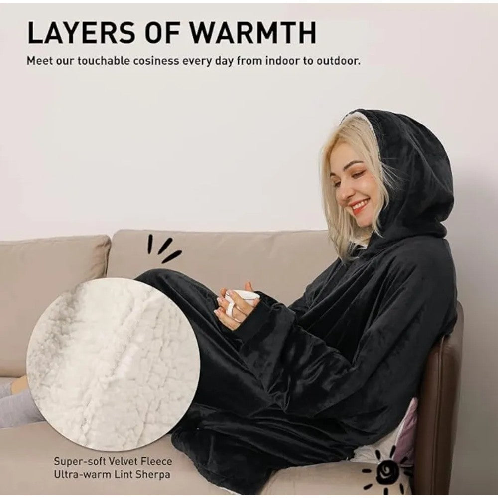 Unisex Sherpa Lined Wearable Hooded Blanket One Size Fits All