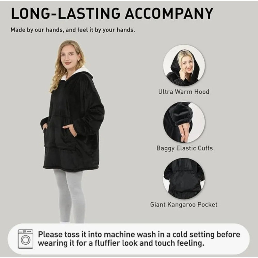 Unisex Sherpa Lined Wearable Hooded Blanket One Size Fits All