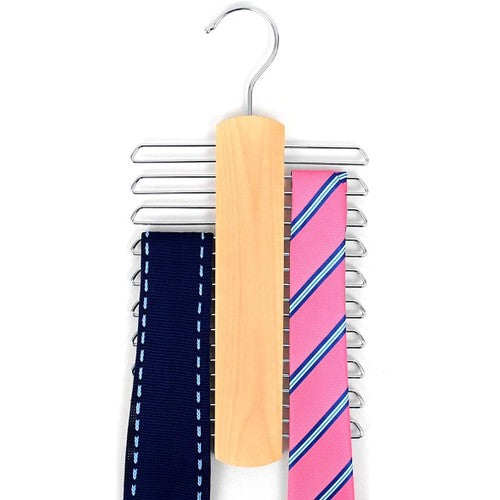Premium Wooden Necktie and Belt Hanger with a Non-Slip Finish - 20 Hooks