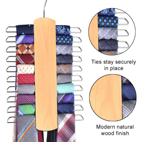 Premium Wooden Necktie and Belt Hanger with a Non-Slip Finish - 20 Hooks