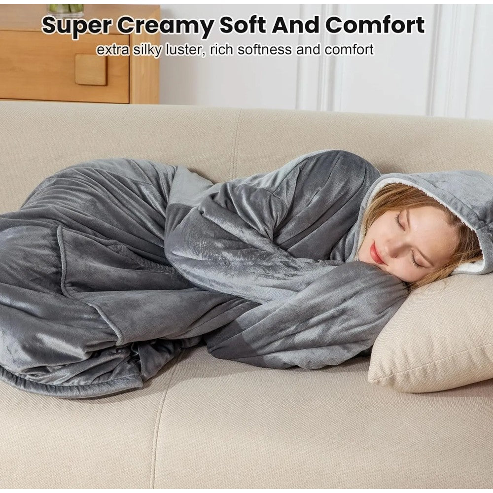 Unisex Sherpa Lined Wearable Hooded Blanket One Size Fits All