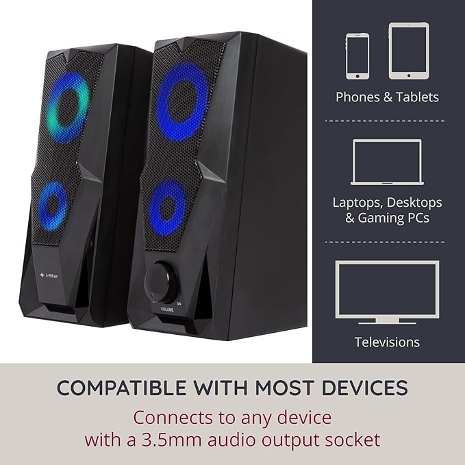i-Star PC Speakers – Compact 6W Wired Computer Speakers – 3.5mm Jack – RGB LED Lights