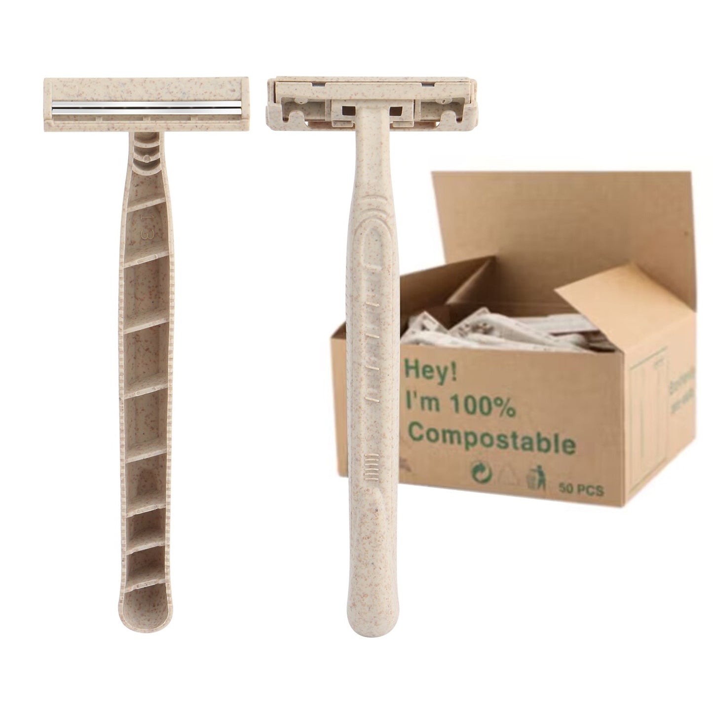 50 Pack Eco-Friendly Twin Blade Razor Biodegradable Wheat Straw for Men & Women