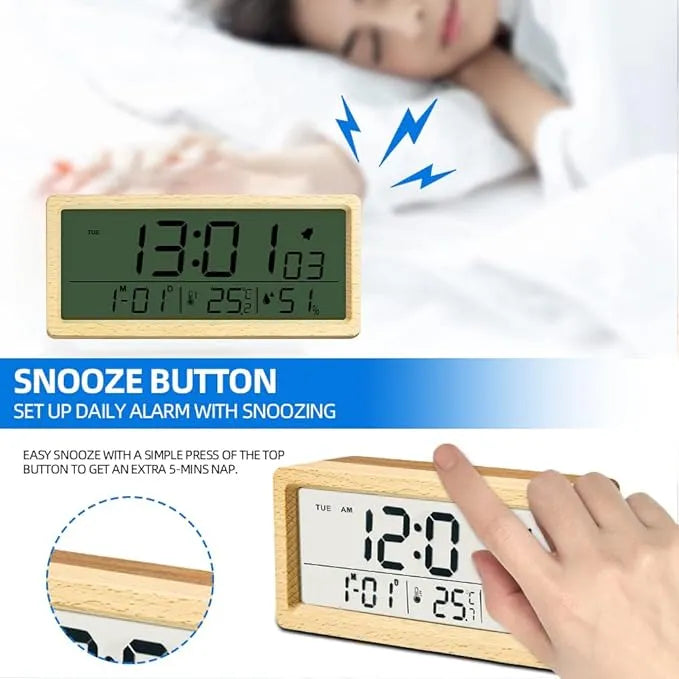 Wooden Digital Alarm – Calendar Display – Smart Sensor Night Light – Temperature – Snooze