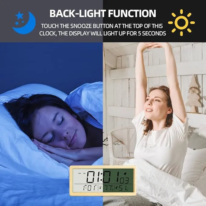 Wooden Digital Alarm – Calendar Display – Smart Sensor Night Light – Temperature – Snooze