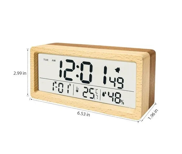 Wooden Digital Alarm – Calendar Display – Smart Sensor Night Light – Temperature – Snooze