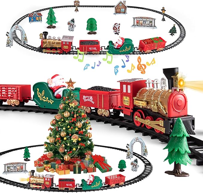 Toy Train Set – Perfect Christmas Tree Train – Battery Powered Locomotive with Light & Sound