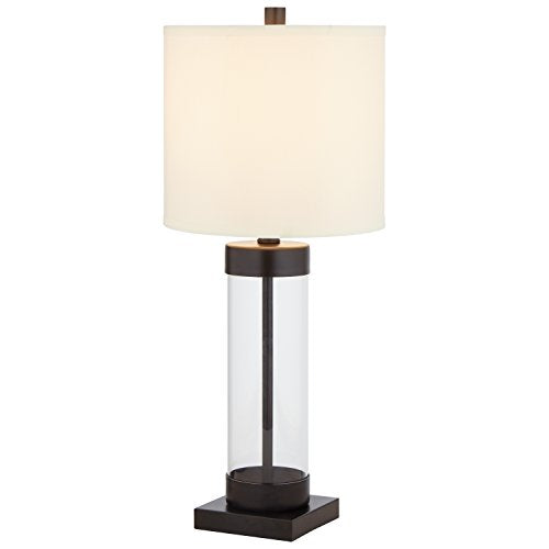 Amazon Brand – Stone & Beam Glass Column Living Room Table Desk Lamp With Light Bulb and Linen Shade, 23"H, Black