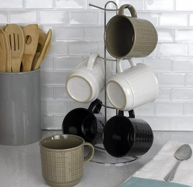 6-Piece Stoneware Mug Set with Metal Rack