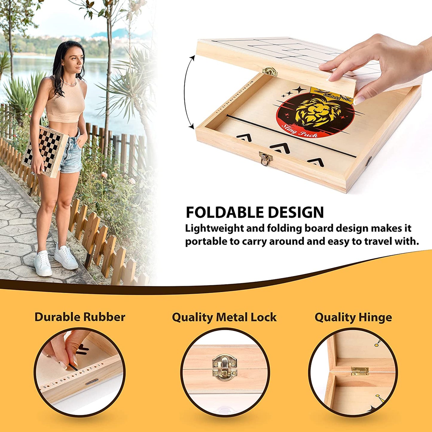 Fast Sling Puck Game - 3 in 1 Foldable Wooden Board Game Set