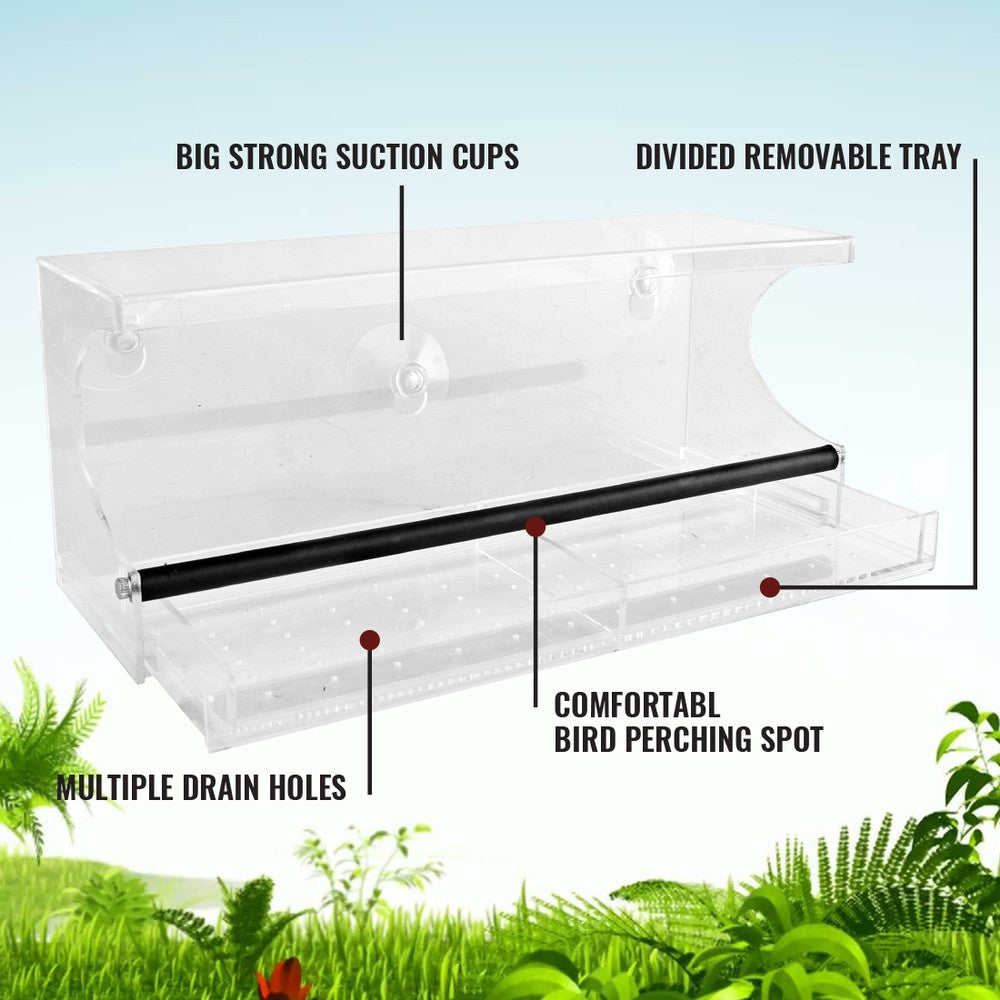 Window Bird Feeder - See-Through Acrylic - Clear, Removable Slide Out Tray