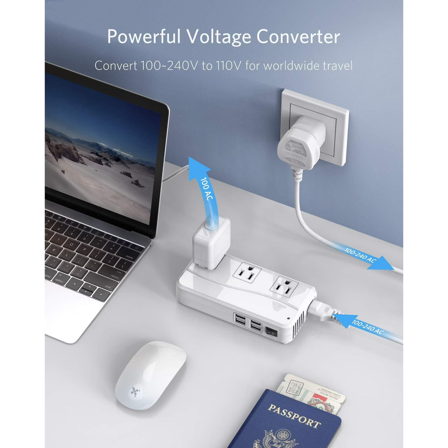 BESTEK 250W Universal Travel Adapter 100-220V to 110V Voltage Converter with 6A 4-Port USB Charging 3 AC Sockets and EU/UK/AU/US/India Plug Adapter (White)