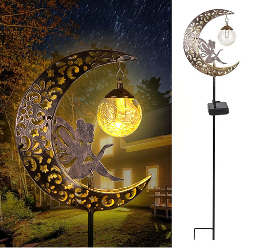 Solar Garden Lights Outdoor Decor,Moon Fairy Crackle Glass Lights,Waterproof Warm White LED Metal Stake Ornament,for Walkway Backyard Patio Lawn Pathway Decorations-Unique Gift Ideas for Gardening