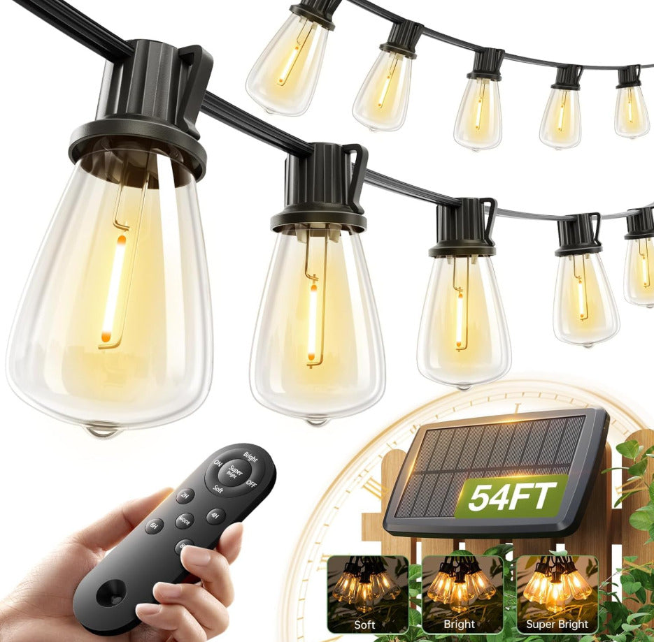 54FT(48+6) Solar String Lights Outdoor Waterproof with USB Charging & Remote Control - Dimmable Solar Power Patio Lights with LED Bulbs for Porch, Garden, Yard, Market, Bistro - Last for 20+Hrs
