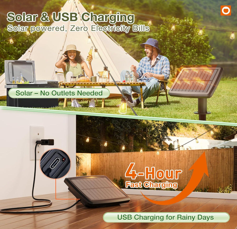 54FT(48+6) Solar String Lights Outdoor Waterproof with USB Charging & Remote Control - Dimmable Solar Power Patio Lights with LED Bulbs for Porch, Garden, Yard, Market, Bistro - Last for 20+Hrs