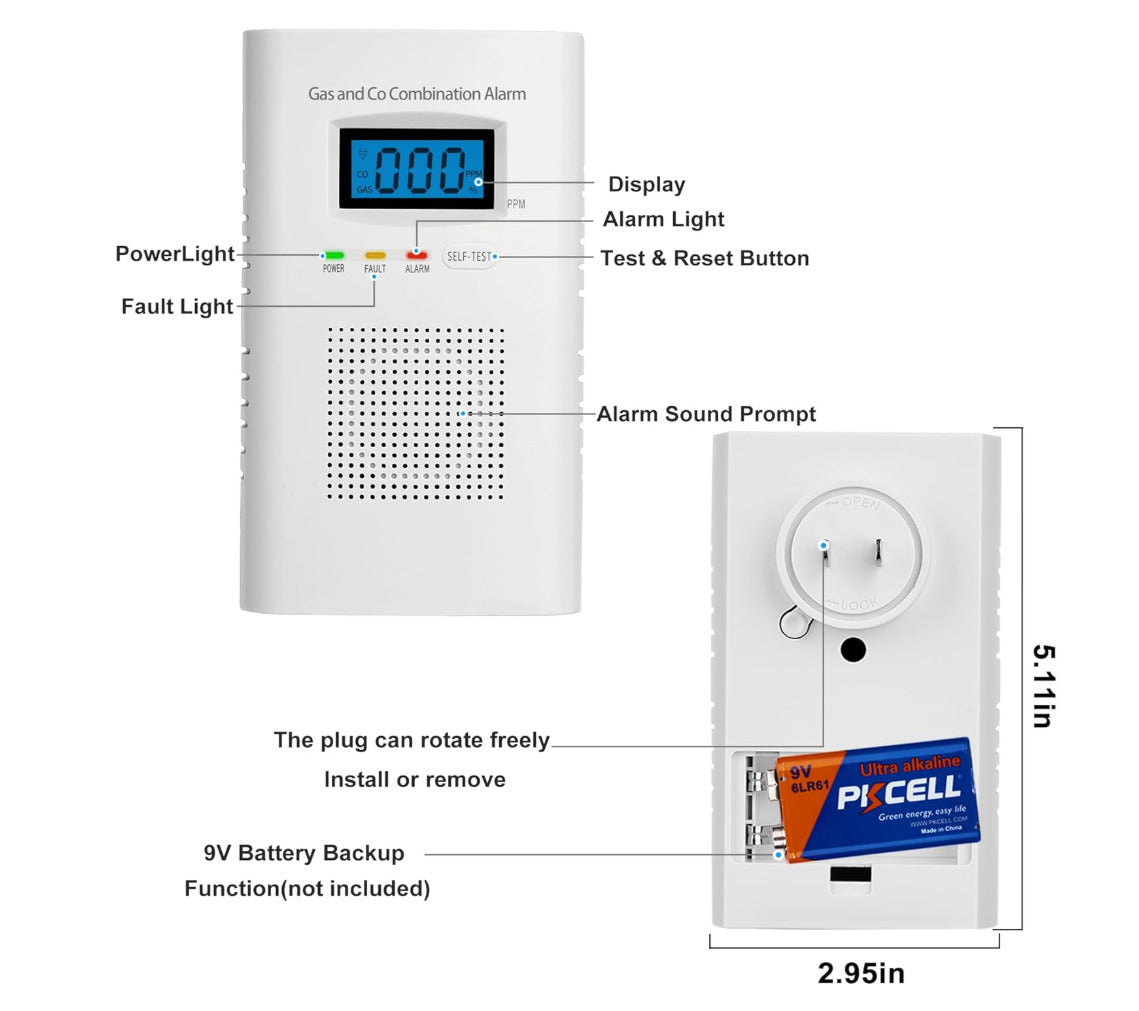 Gas & Carbon Monoxide Detectors-Plug in CO Alarm & Natural Gas Detector-2PACK