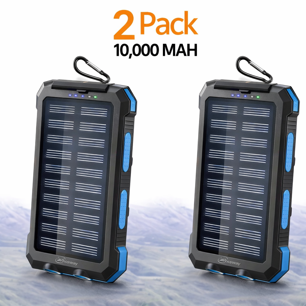 2‑Pack 10,000mAh Solar Charger  Dual USB + Type‑C/Micro USB Inputs