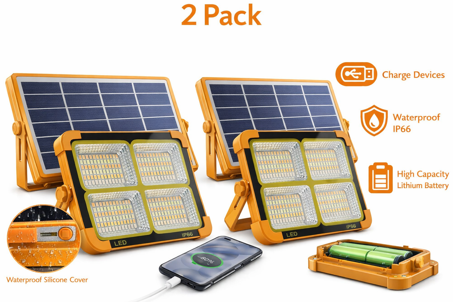 2 Pack Portable LED Solar Light 100W 16500mAh 10000 LM