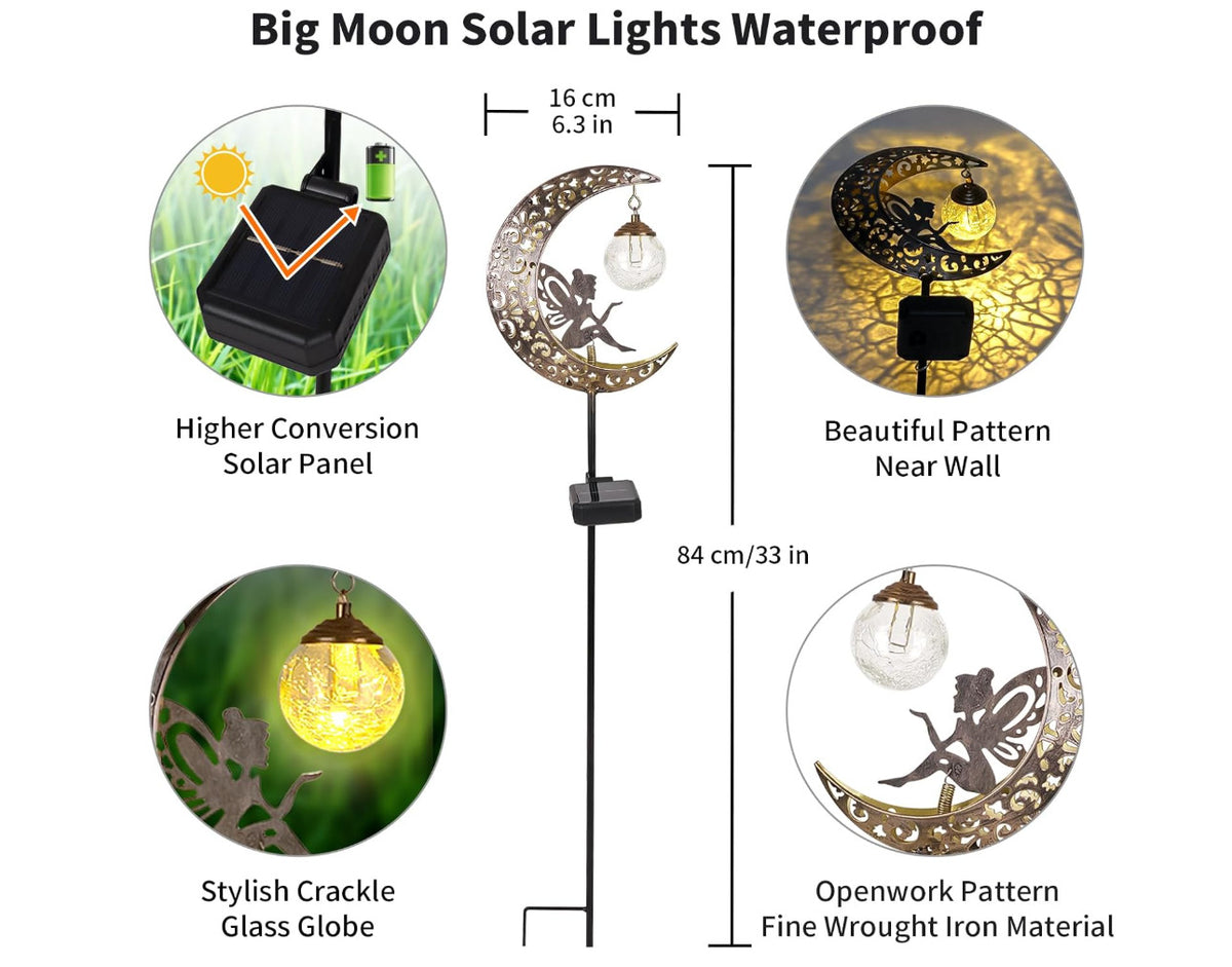 Solar Garden Lights Outdoor Decor,Moon Fairy Crackle Glass Lights,Waterproof Warm White LED Metal Stake Ornament,for Walkway Backyard Patio Lawn Pathway Decorations-Unique Gift Ideas for Gardening