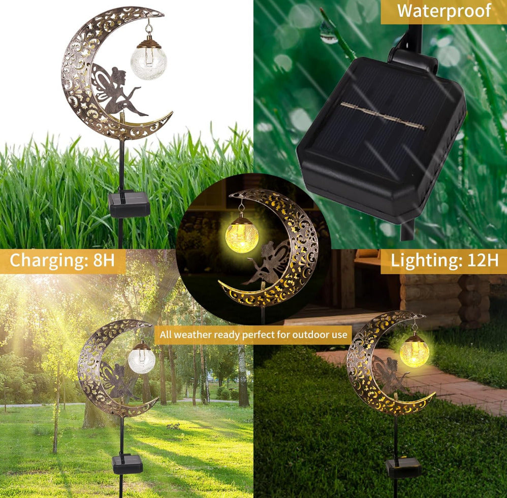 Solar Garden Lights Outdoor Decor,Moon Fairy Crackle Glass Lights,Waterproof Warm White LED Metal Stake Ornament,for Walkway Backyard Patio Lawn Pathway Decorations-Unique Gift Ideas for Gardening
